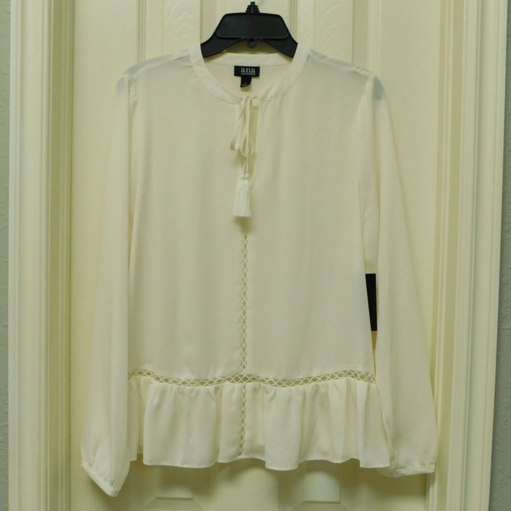 a.n.a. Women’s Ivory Peplum Ruffled Semi Sheer  Peasant, Boho Tassel Blouse L
